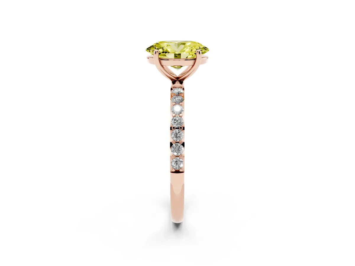 Fancy Yellow Oval Cut Diamond Solitaire Ring with Round Pavé Shoulders and Prong Setting Rose gold