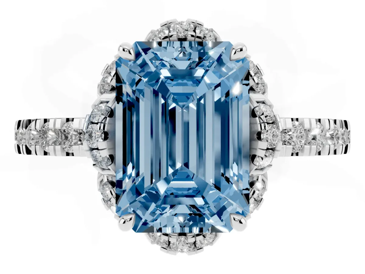 Fancy Blue Emerald Cut Diamond Halo Pave Band with Four-Prong Setting Platinum