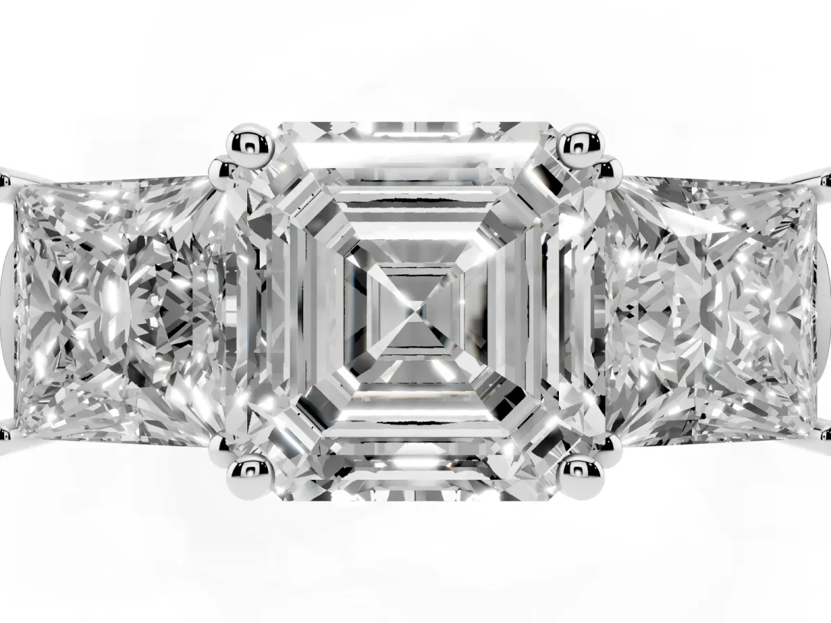 Three-Stone Asscher Cut Brilliant Diamond Trellis Ring with Comfort Fit Band Platinum