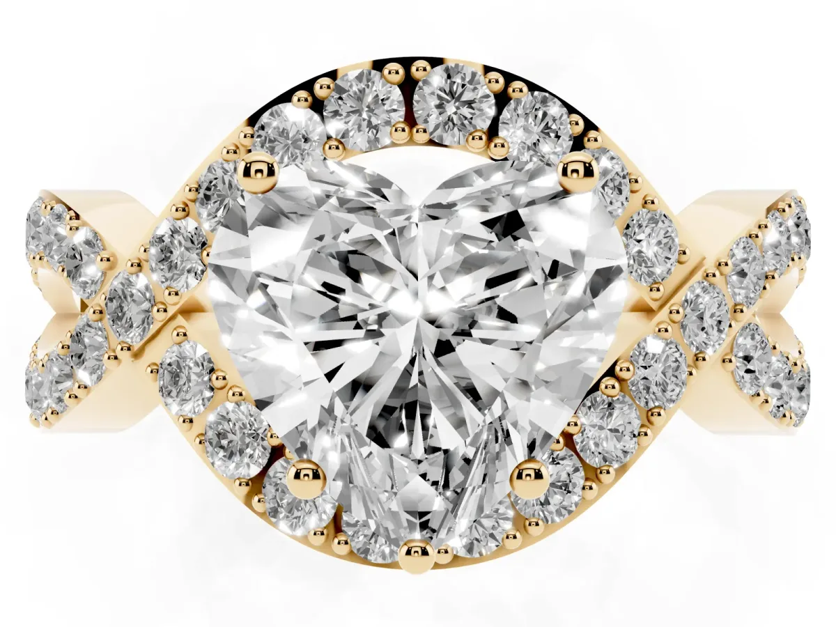 Heart Cut Solitaire Twist Band Pavé Diamond Engagement Ring Yellow gold