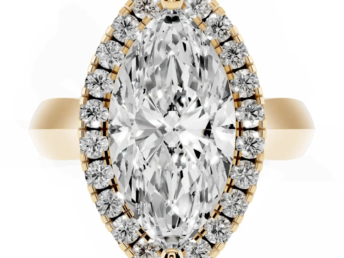 Marquise Cut Cut Halo Solitaire Engagement Ring with Square Band and Four-Prong Setting Yellow gold