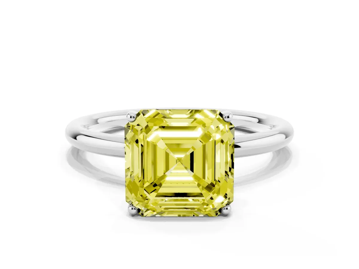 Fancy Yellow Asscher Cut Solitaire Diamond Ring with a Classic Band and Four-Prong Setting Silver