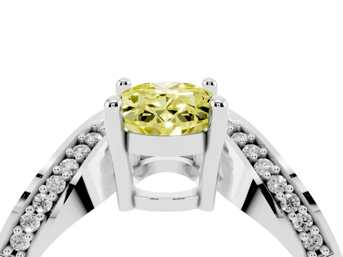 Fancy Yellow Oval Cut Solitaire Diamond Engagement Ring with Pave Band and Four-Prong Setting Platinum