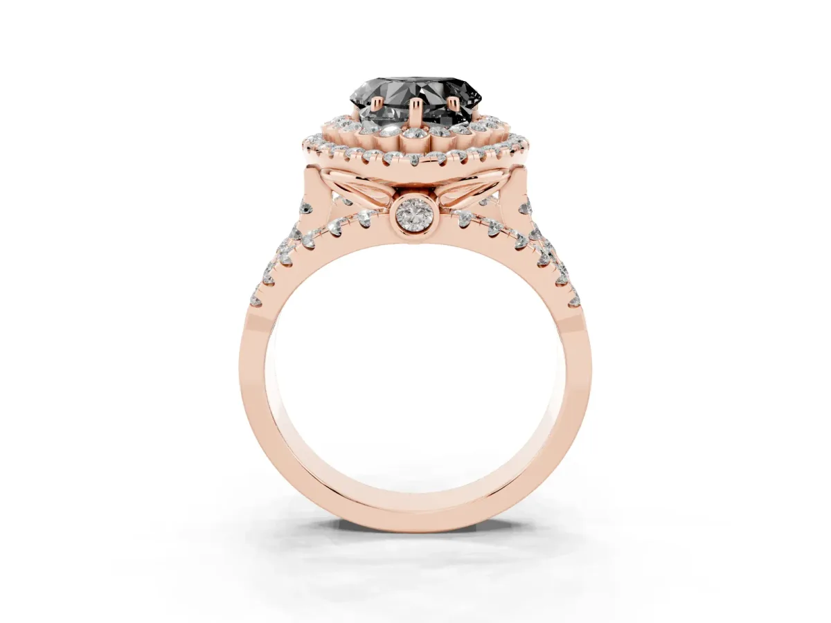 Fancy Black Heart Cut Diamond Double Halo Ring with Round Pavé Split Shank and Prong Setting Rose gold