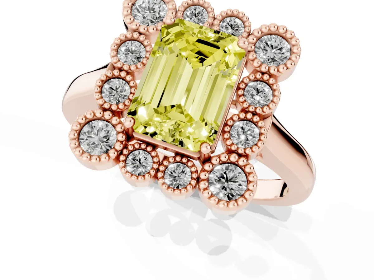 Fancy Yellow Emerald Cut Halo Diamond Cluster Engagement Ring with Milgrain Bezel Setting and Solitaire Band Rose gold