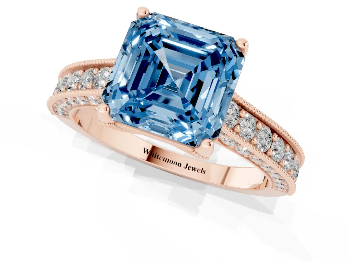 Fancy Blue Asscher Cut Cut Diamond Solitaire Ring with Milgrain Pave Band and Four Prong Setting Rose gold