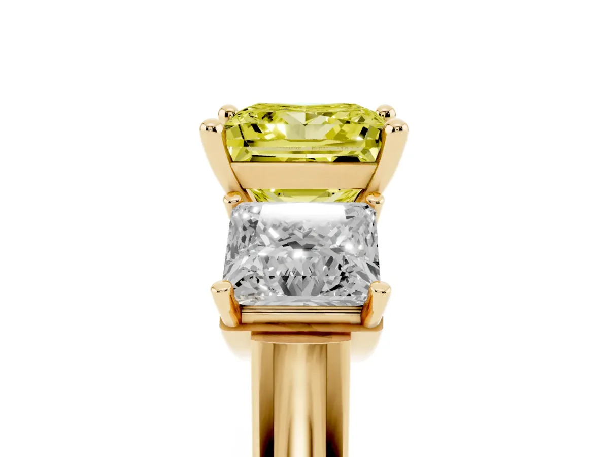 Fancy Yellow Three-Stone Princess Cut Brilliant Diamond Trellis Ring with Comfort Fit Band Yellow gold