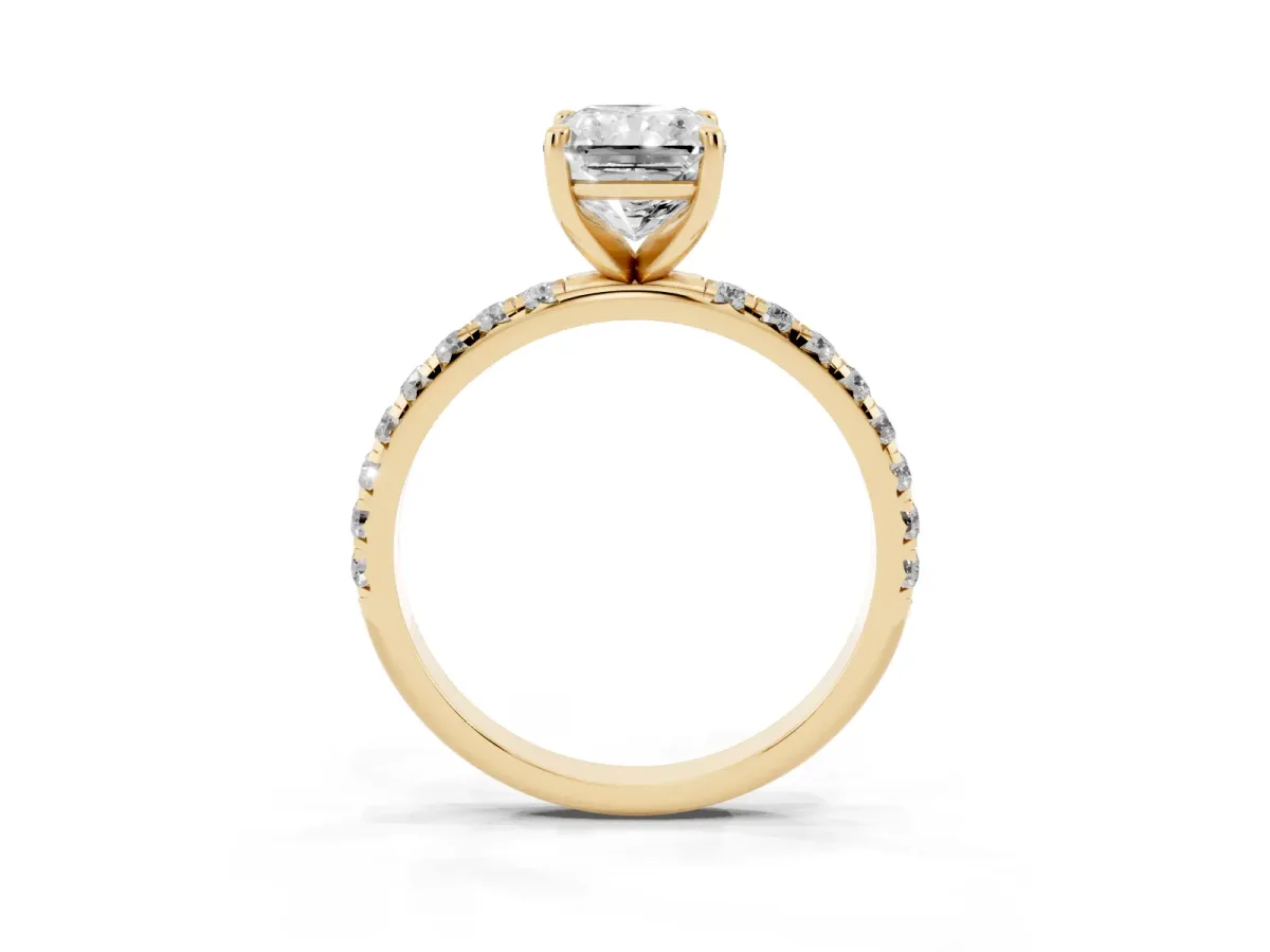 Radiant Cut Cut Diamond Solitaire Ring with Micro Pave Band and Four Prong Setting Yellow gold