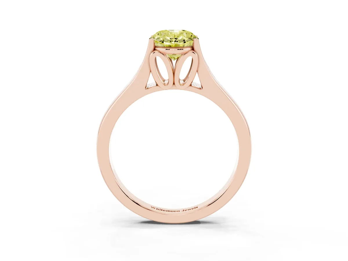 Fancy Yellow Oval Cut Solitaire Diamond Ring with Cathedral Band and Four-Prong Setting Rose gold