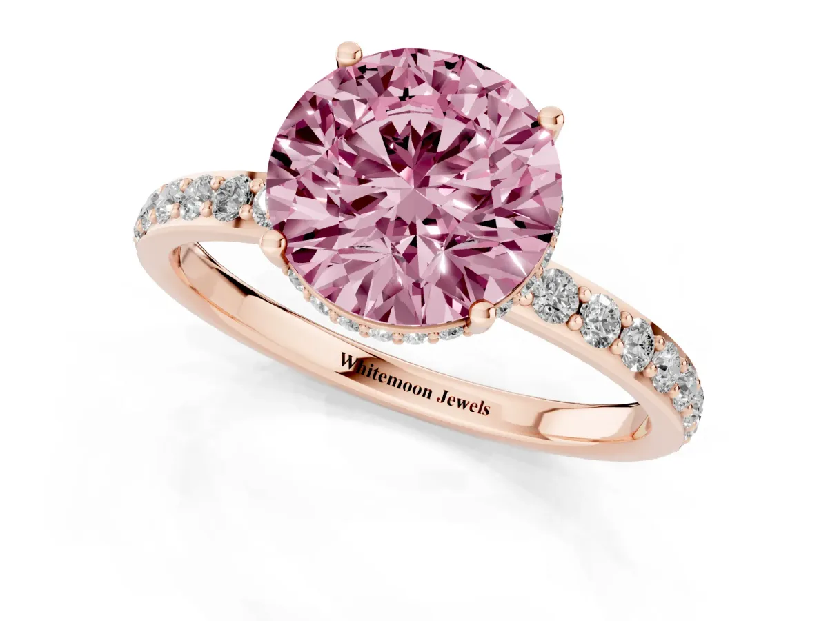 Fancy Pink Round Cut Diamond Solitaire Ring with Pavé Band and Hidden Halo Rose gold