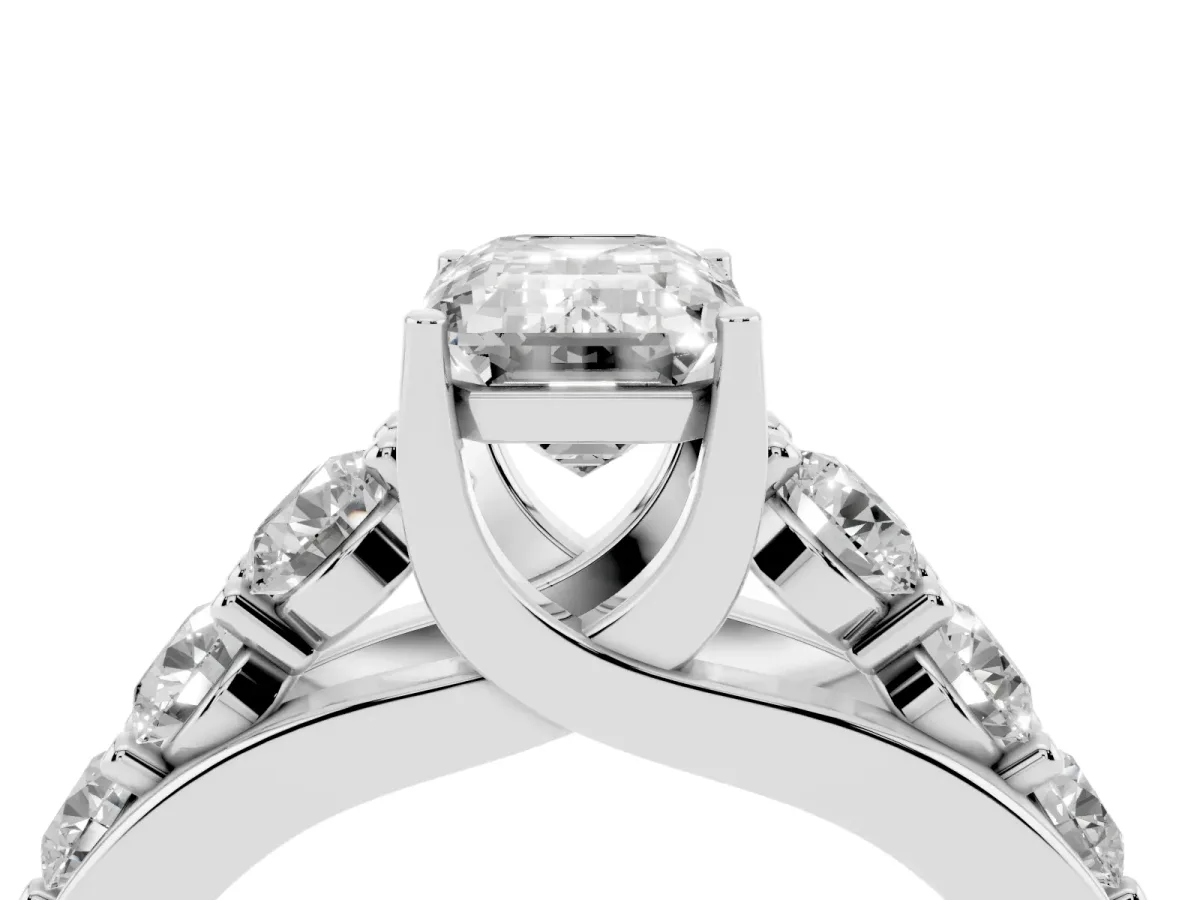 Emerald Cut Diamond Engagement Ring with Pavé Band and Four-Prong Setting Silver
