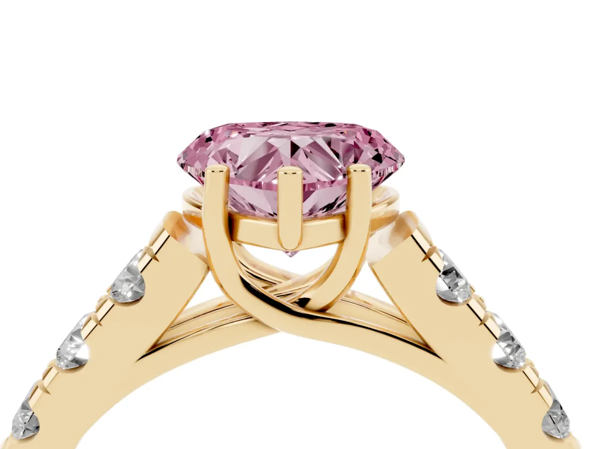 Fancy Pink Heart Cut Cut Diamond Solitaire Ring with Micro Pave Band and Prong Setting Yellow gold