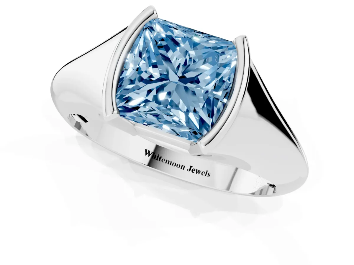 Fancy Blue Princess Cut Solitaire Tension Set Diamond Ring Silver