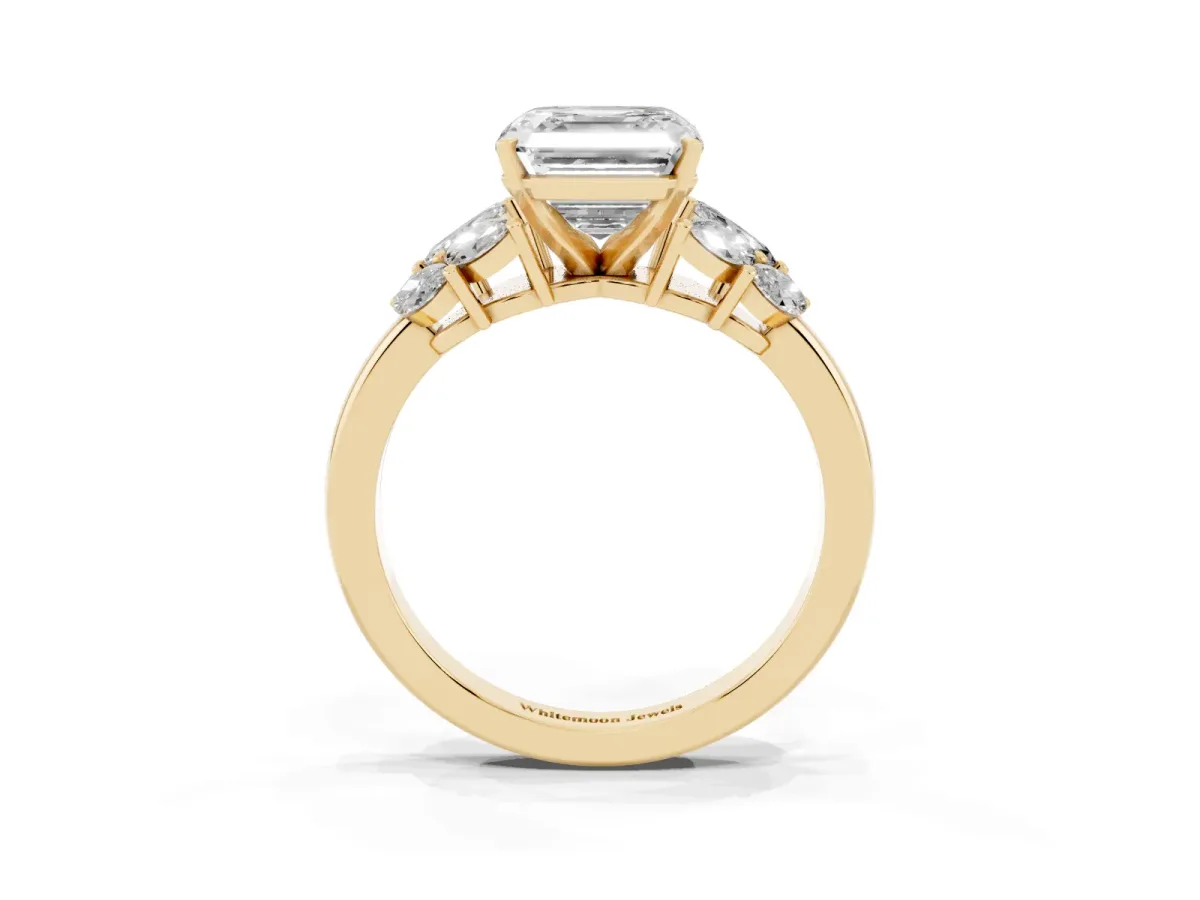 Asscher Cut Diamond Cluster Leaf Design Ring with Prong Setting Yellow gold