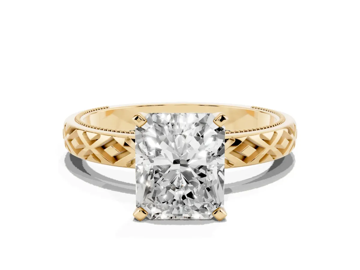 Radiant Cut Solitaire Diamond Ring with Milgrain and Black Enamel X Pattern Band Yellow gold