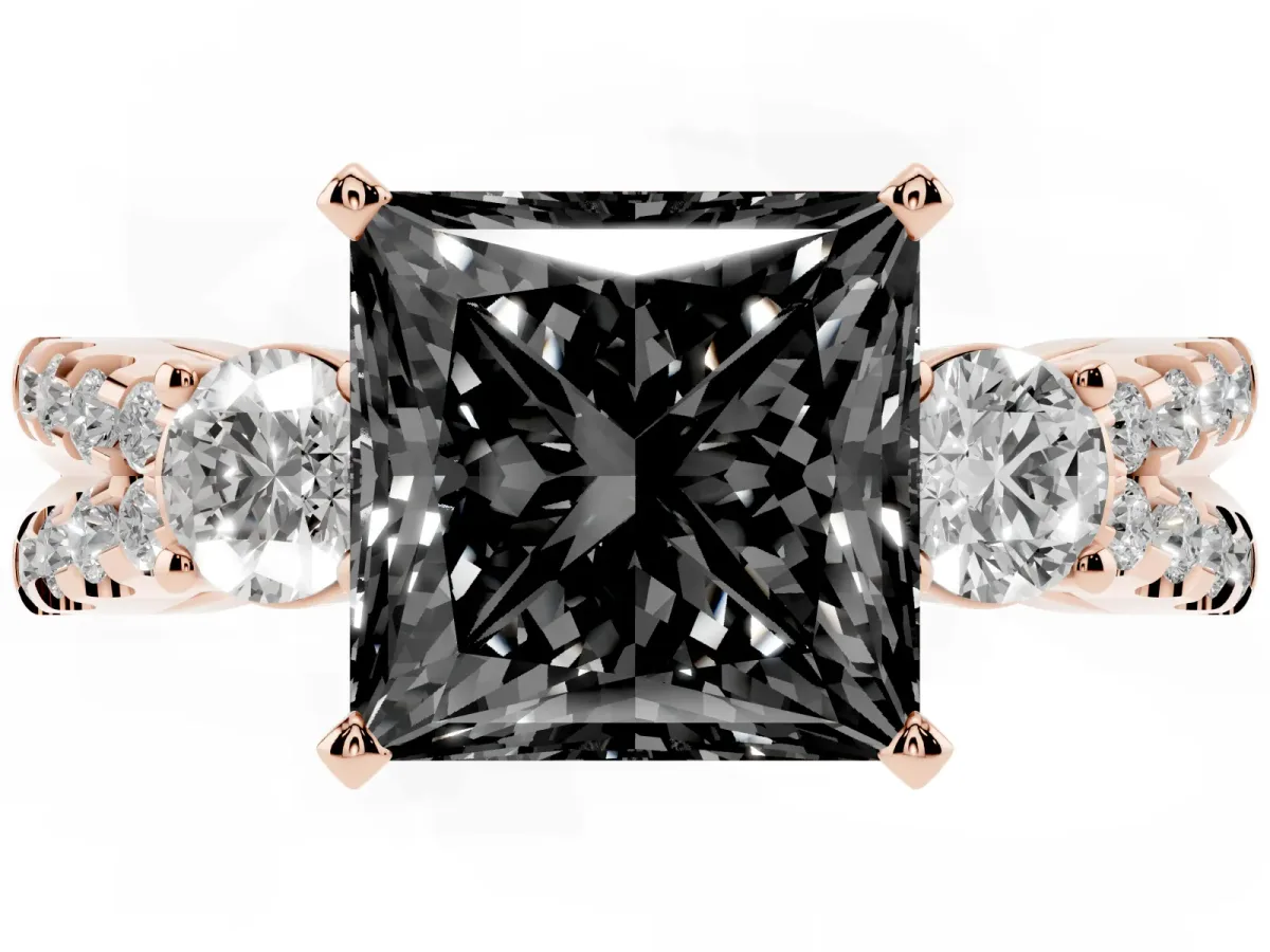 Fancy Black Princess Cut Diamond Three-Stone Ring with Pavé Split Shank and Four-Prong Setting Rose gold