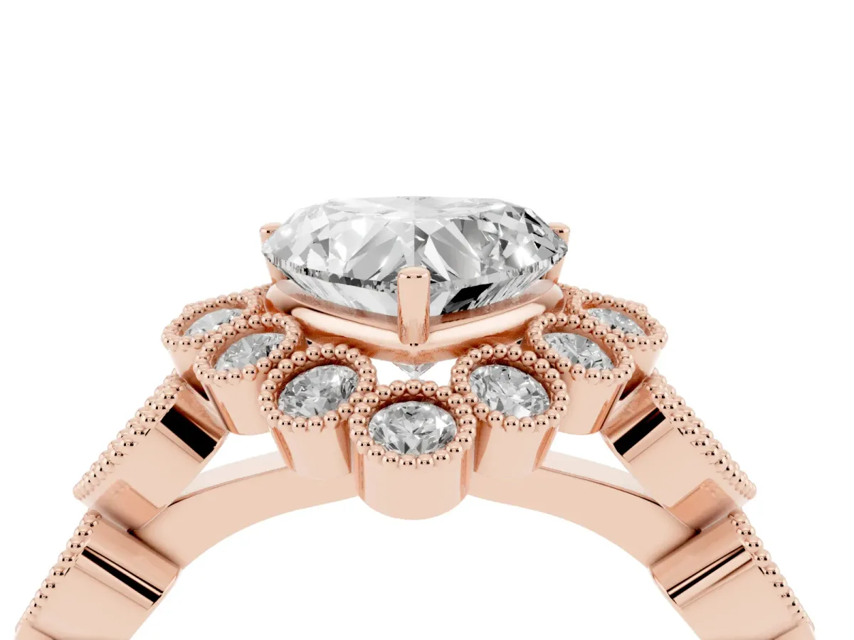 Heart Cut Brilliant Milgrain Pave Heart Band Solitaire Ring Rose gold