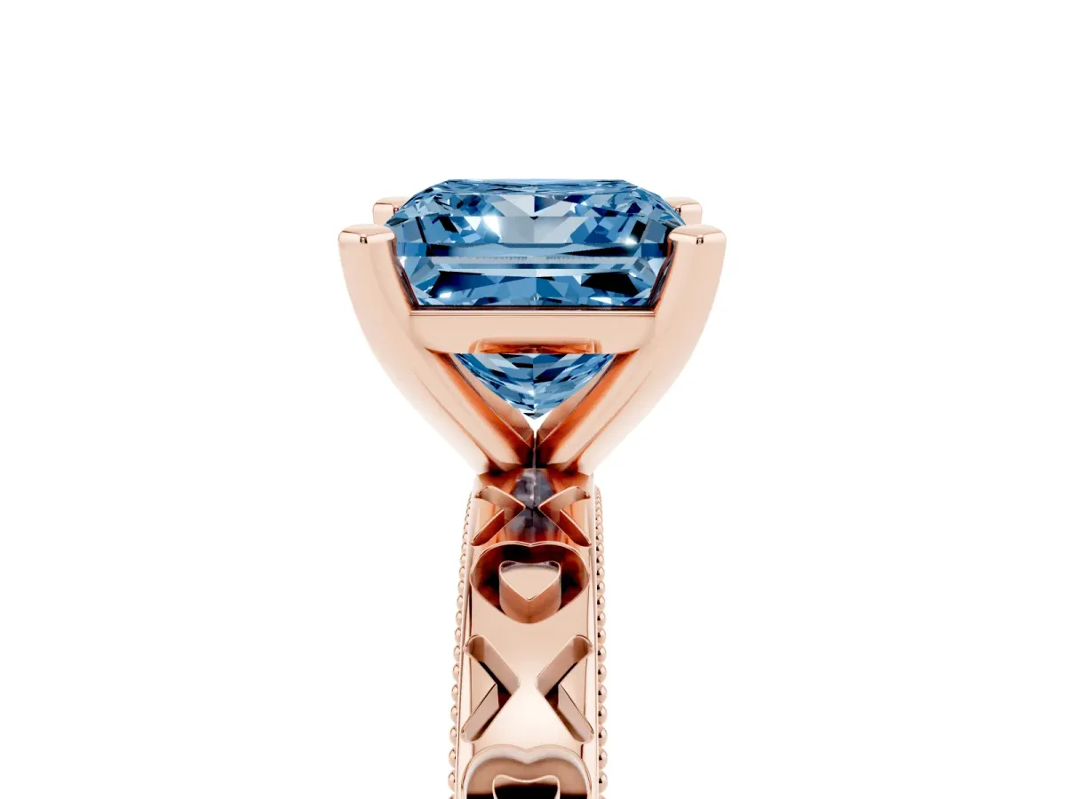 Fancy Blue Princess Cut Solitaire Diamond Engagement Ring with XO Engraved Band and Four-Prong Setting Rose gold