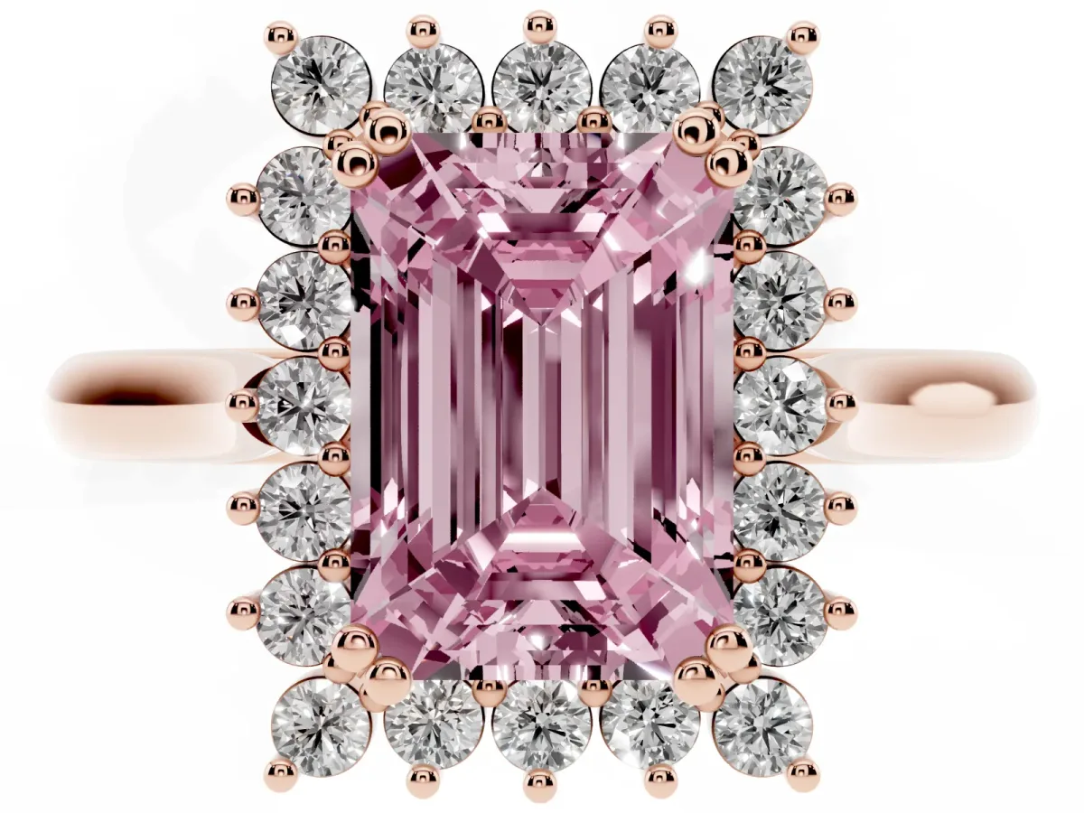 Fancy Pink Emerald Cut Cut Diamond Halo Ring with Solitaire Band and Prong Setting Rose gold