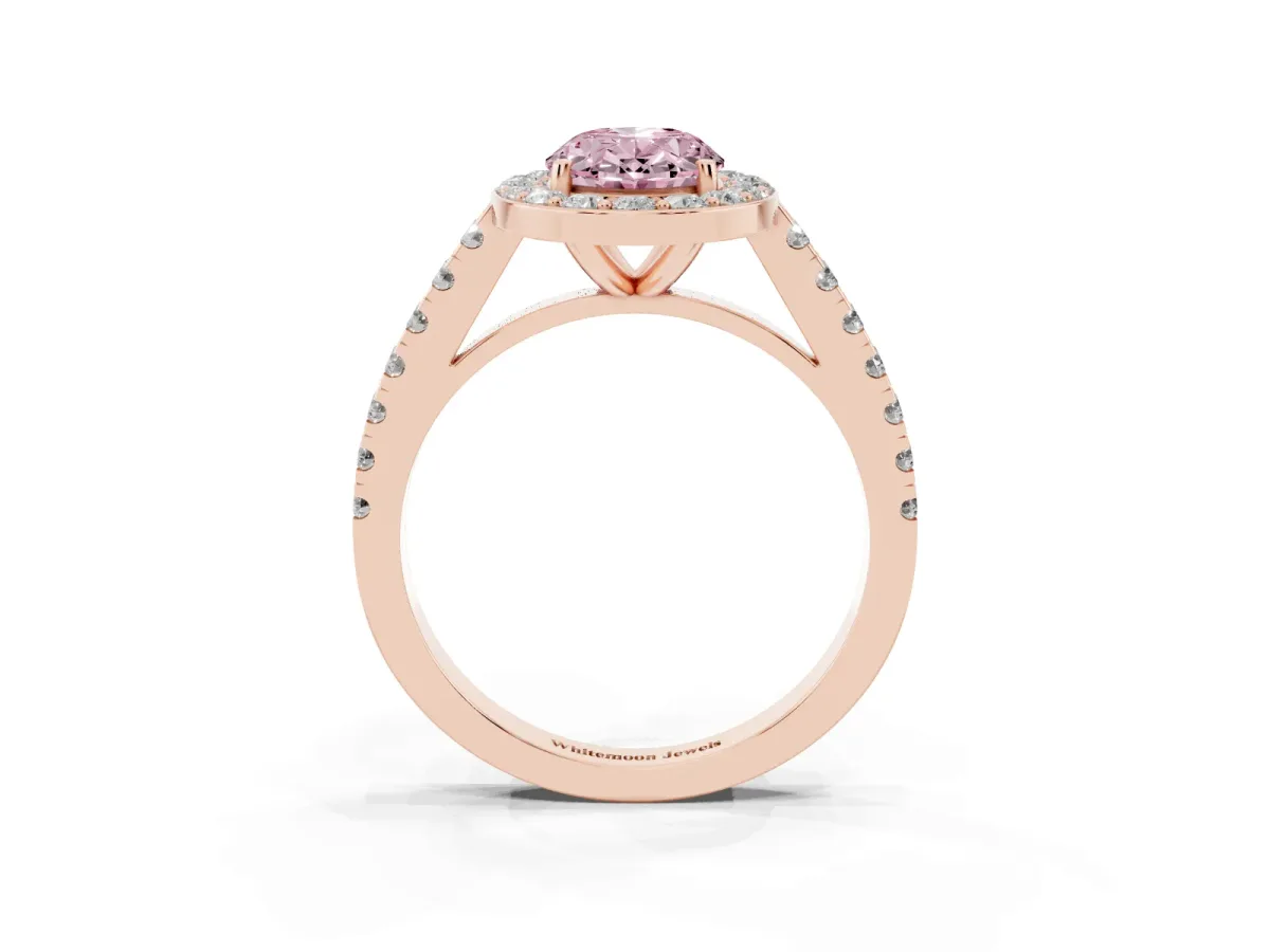 Fancy Pink Oval Cut Diamond Halo Ring with Round Pavé Split Shank and Prong Setting Rose gold