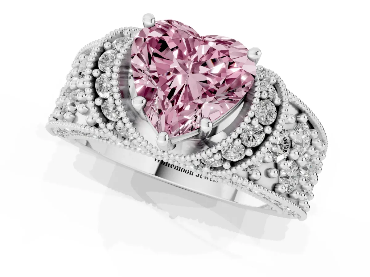 Fancy Pink Heart Cut Halo Pave Diamond Engagement Ring with Milgrain Detailing Silver