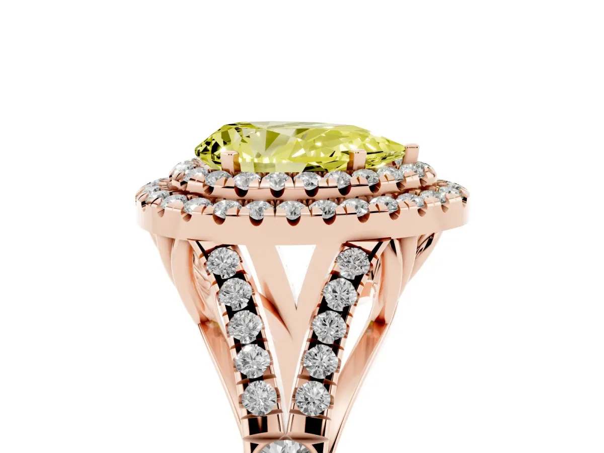 Fancy Yellow Double Halo Pear Cut Diamond Split Shank Engagement Ring with Four-Prong Setting Rose gold