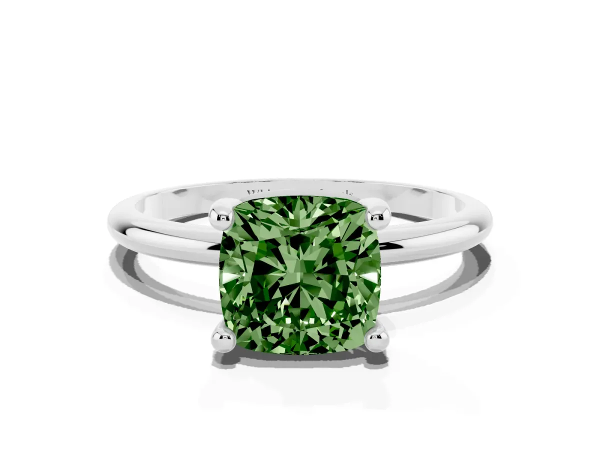 Fancy Green Cushion Cut Solitaire Diamond Ring with 4-Prong Setting on a Classic Band Silver