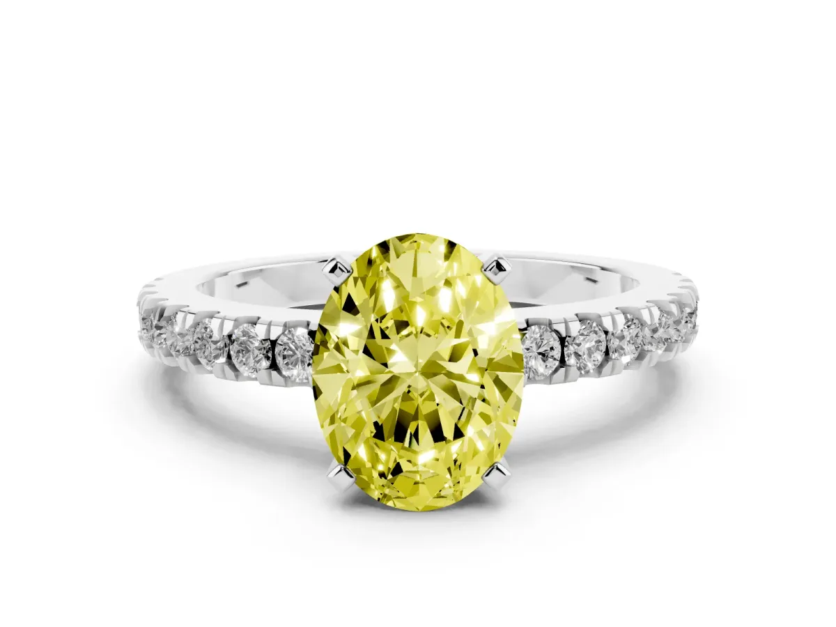 Fancy Yellow Oval Cut Solitaire Diamond with Pavé Band and Four-Prong Setting White gold