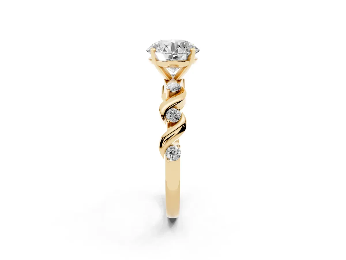 Round Cut Diamond Solitaire Twisted Band with Round Accents and Prong Setting Yellow gold