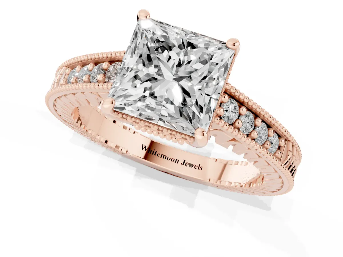Princess Cut Solitaire Pavé Diamond Milgrain Engagement Ring with Four-Prong Setting Rose gold