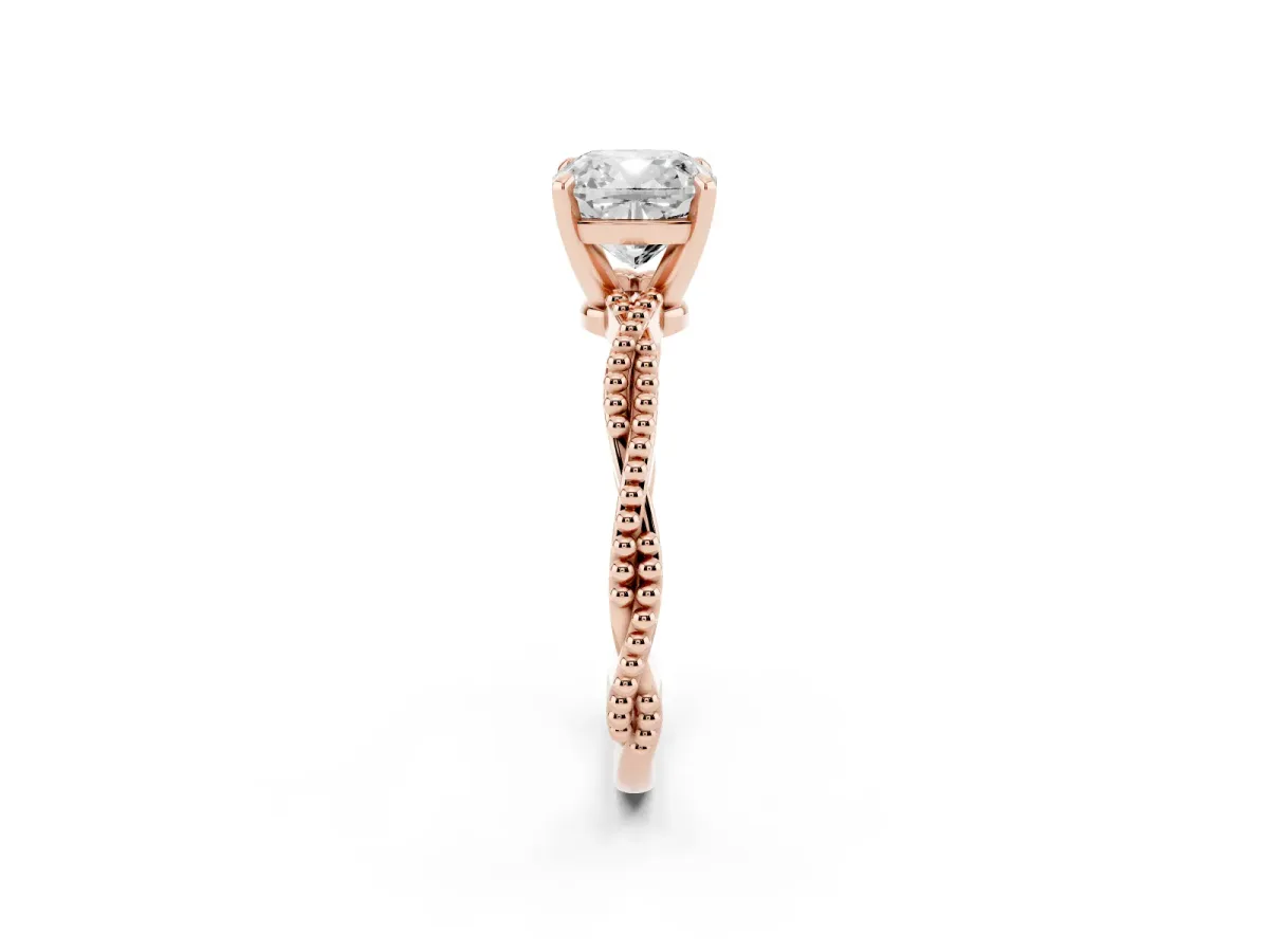 Cushion Cut Solitaire Twisted Band with Bead Prong Setting Rose gold