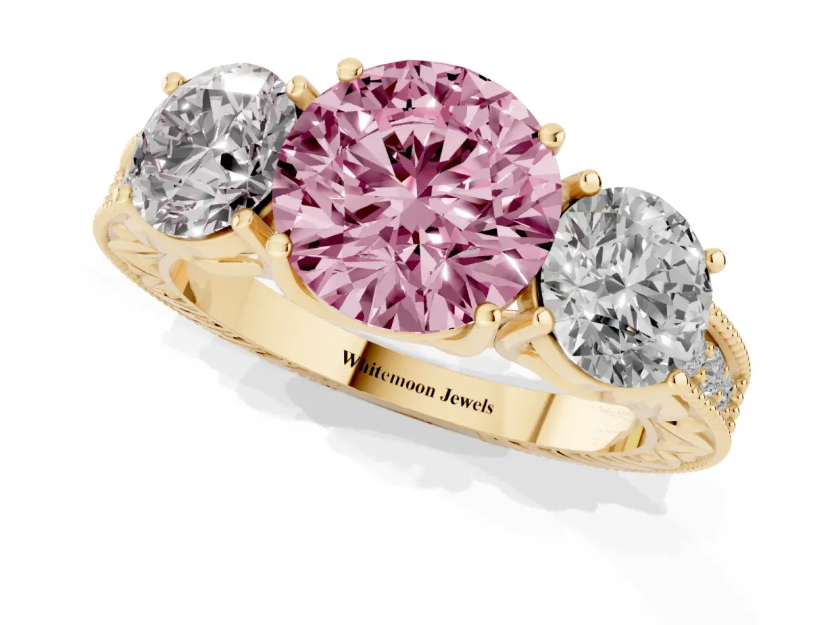 Fancy Pink Three-Stone Round Cut Cut Milgrain Pavé Engagement Ring Yellow gold