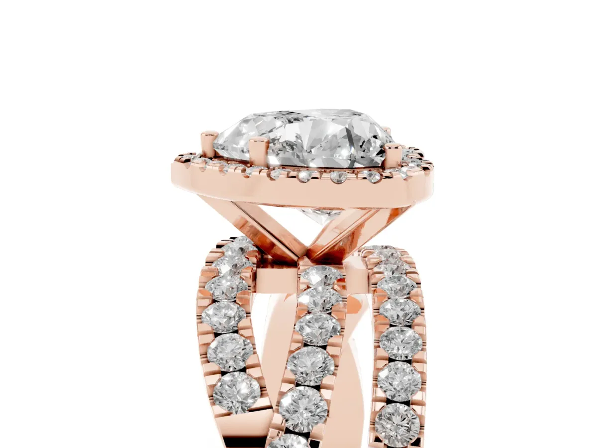 Heart Cut Diamond Halo Ring with Round Split Shank and Prong Setting Rose gold