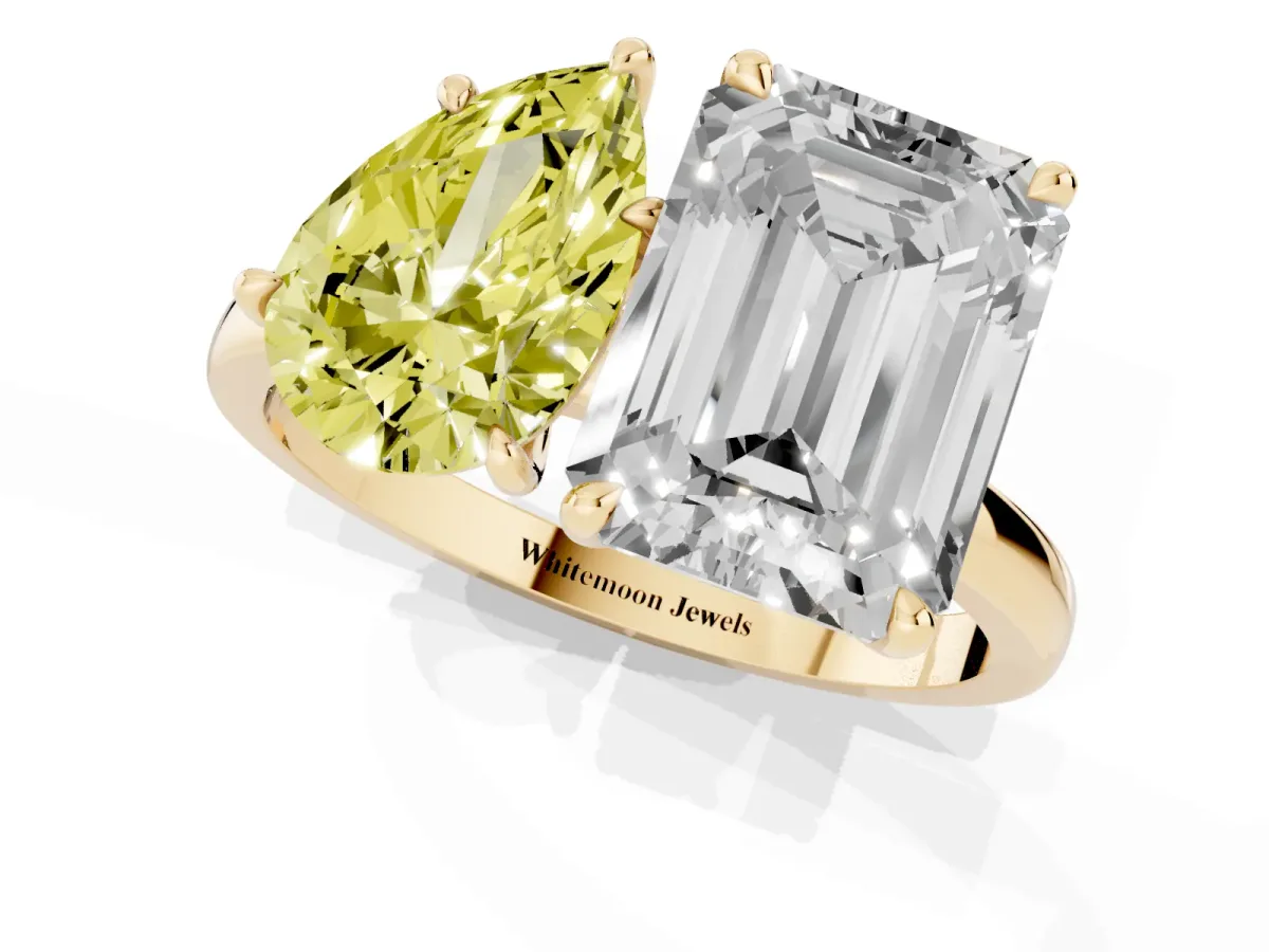 Fancy Yellow Pear Cut and Emerald Cut Toi Moi Ring with Prong Setting Yellow gold