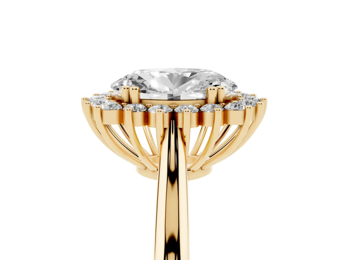 Oval Cut Cut Diamond Halo Ring with Solitaire Band and Prong Setting Yellow gold