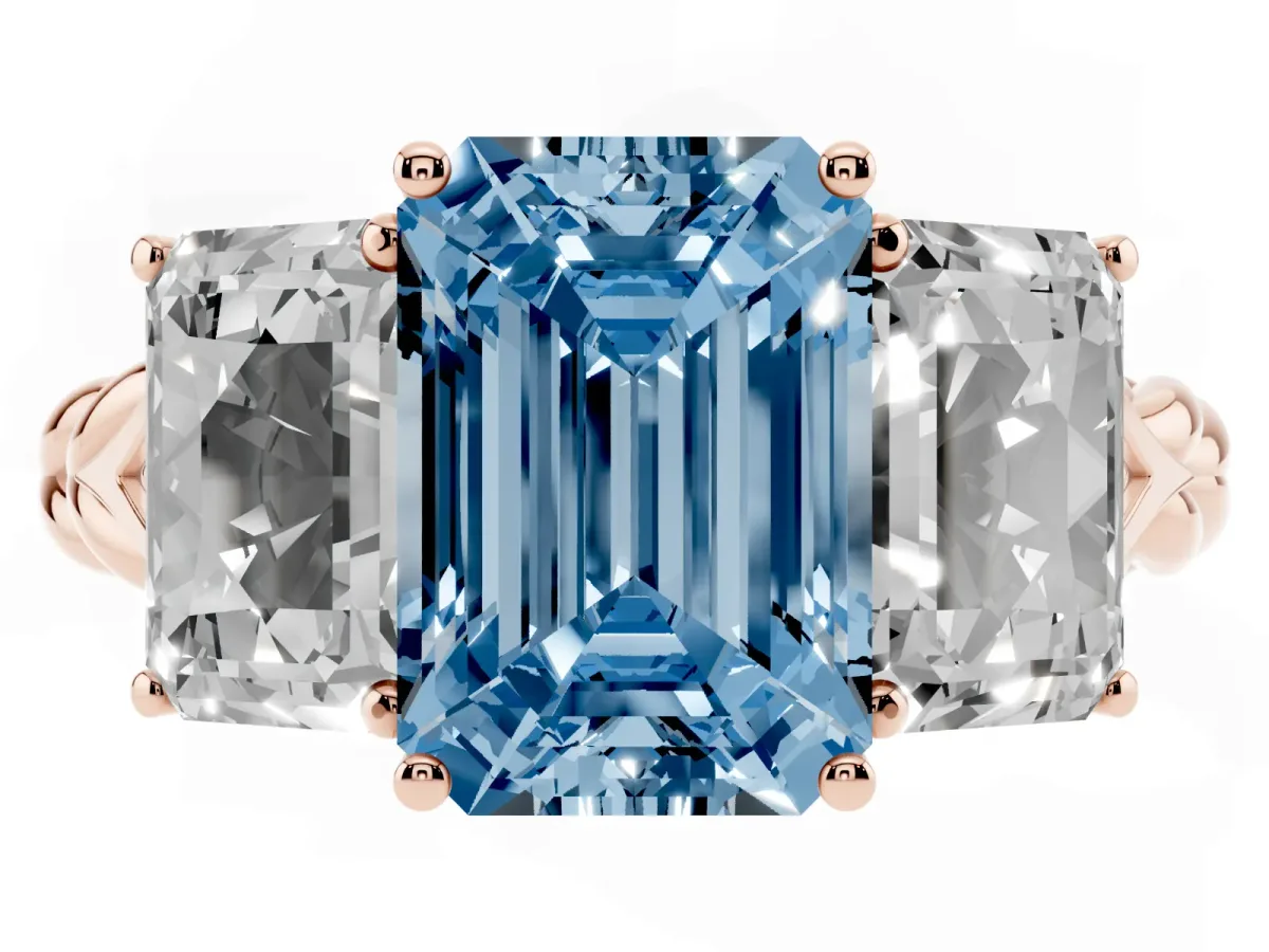 Fancy Blue Three-Stone Emerald Cut Diamond Braided Band Ring with Four-Prong Setting Rose gold