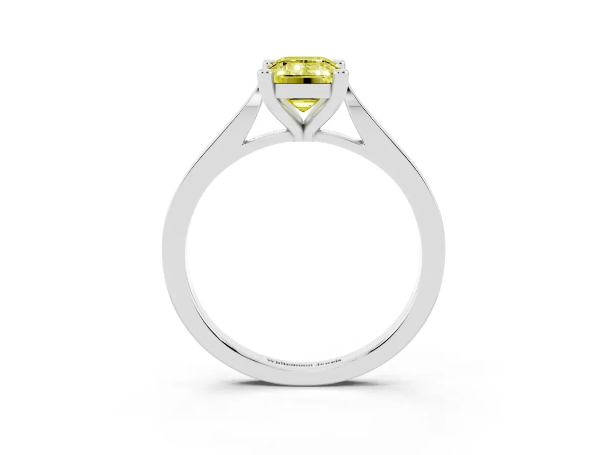 Fancy Yellow Emerald Cut Solitaire Diamond Ring with Four-Prong Setting and Tapered Band Silver