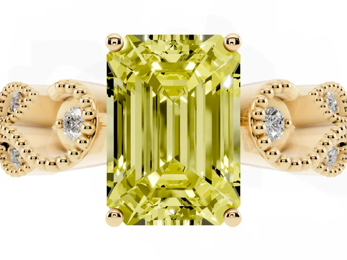 Fancy Yellow Emerald Cut Solitaire Milgrain Leaf Band with Prong Setting Yellow gold