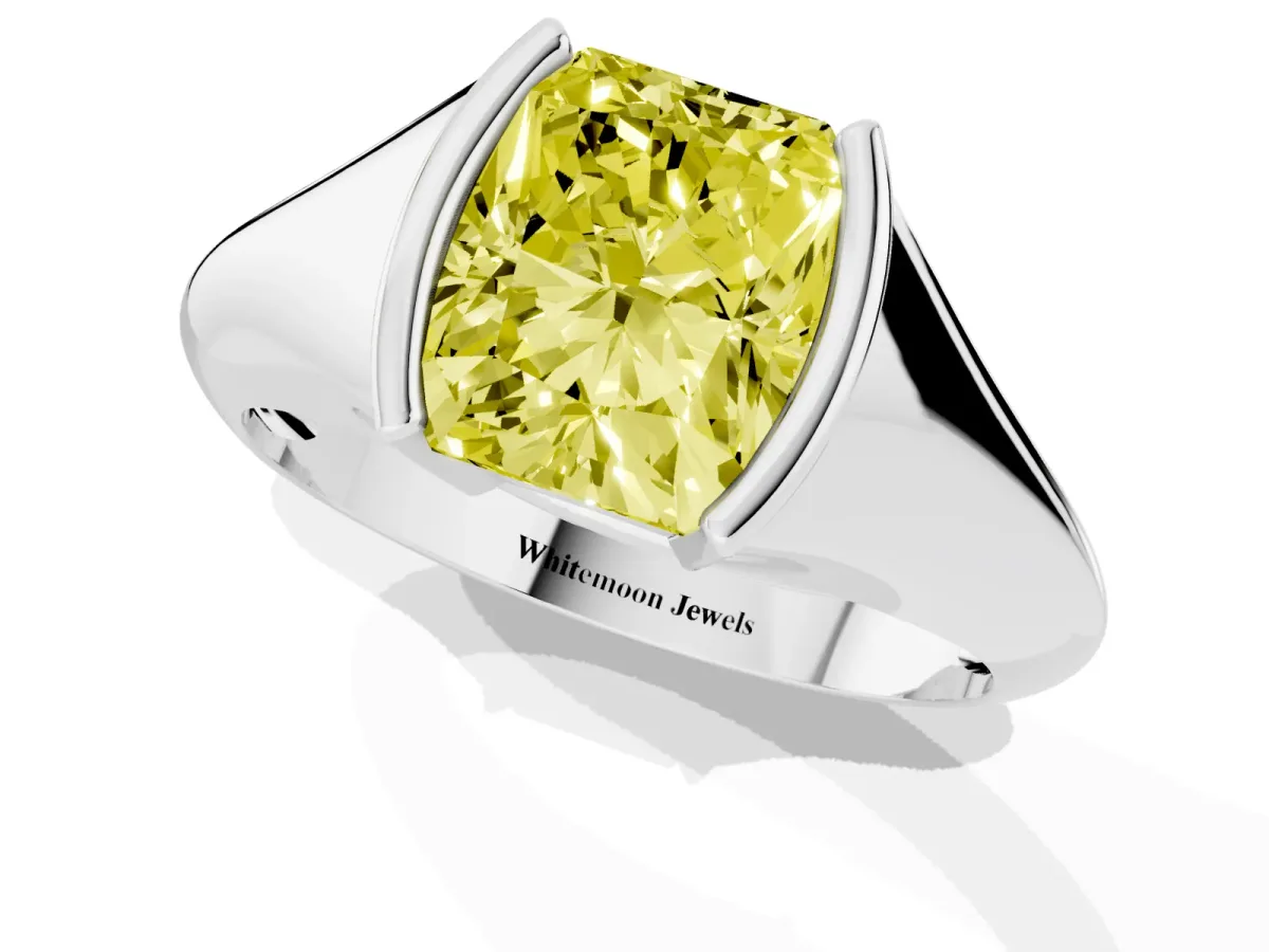 Fancy Yellow Radiant Cut Solitaire Tension Set Diamond Ring Silver