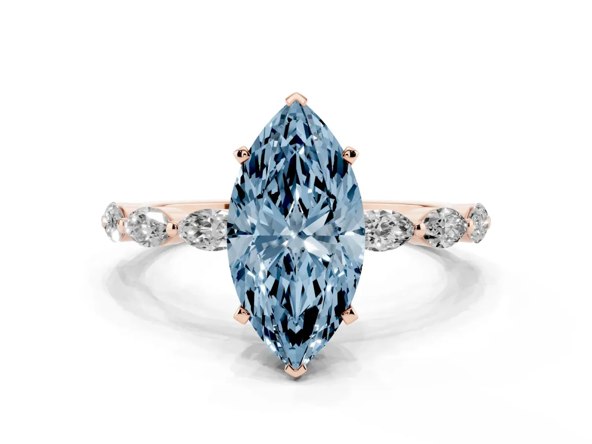 Fancy Blue Marquise Cut Diamond Ring with Marquise Side Stones and Prong Setting Rose gold