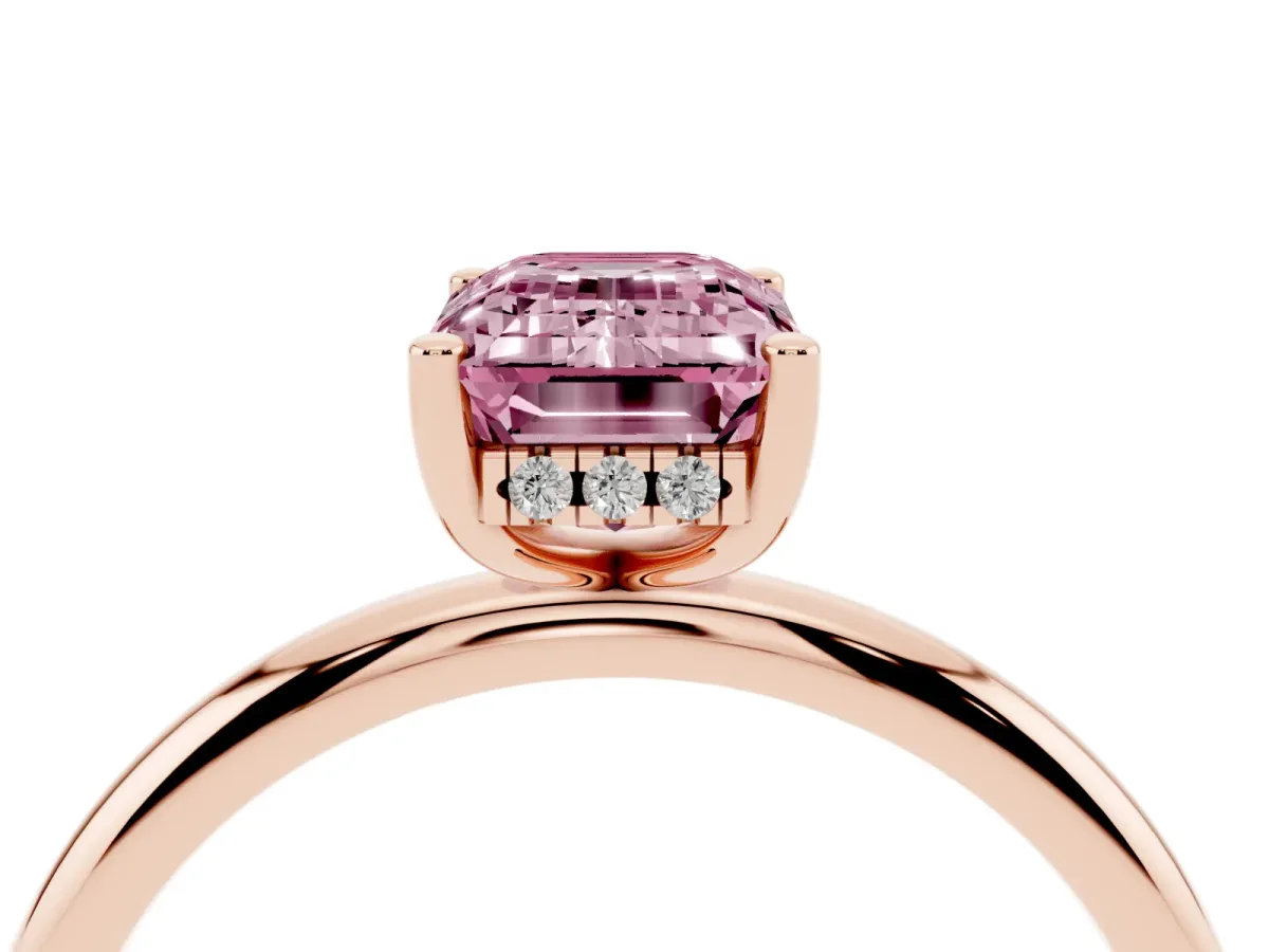 Fancy Pink Emerald Cut Cut Solitaire Engagement Ring with Four-Prong Setting and Classic Band Rose gold