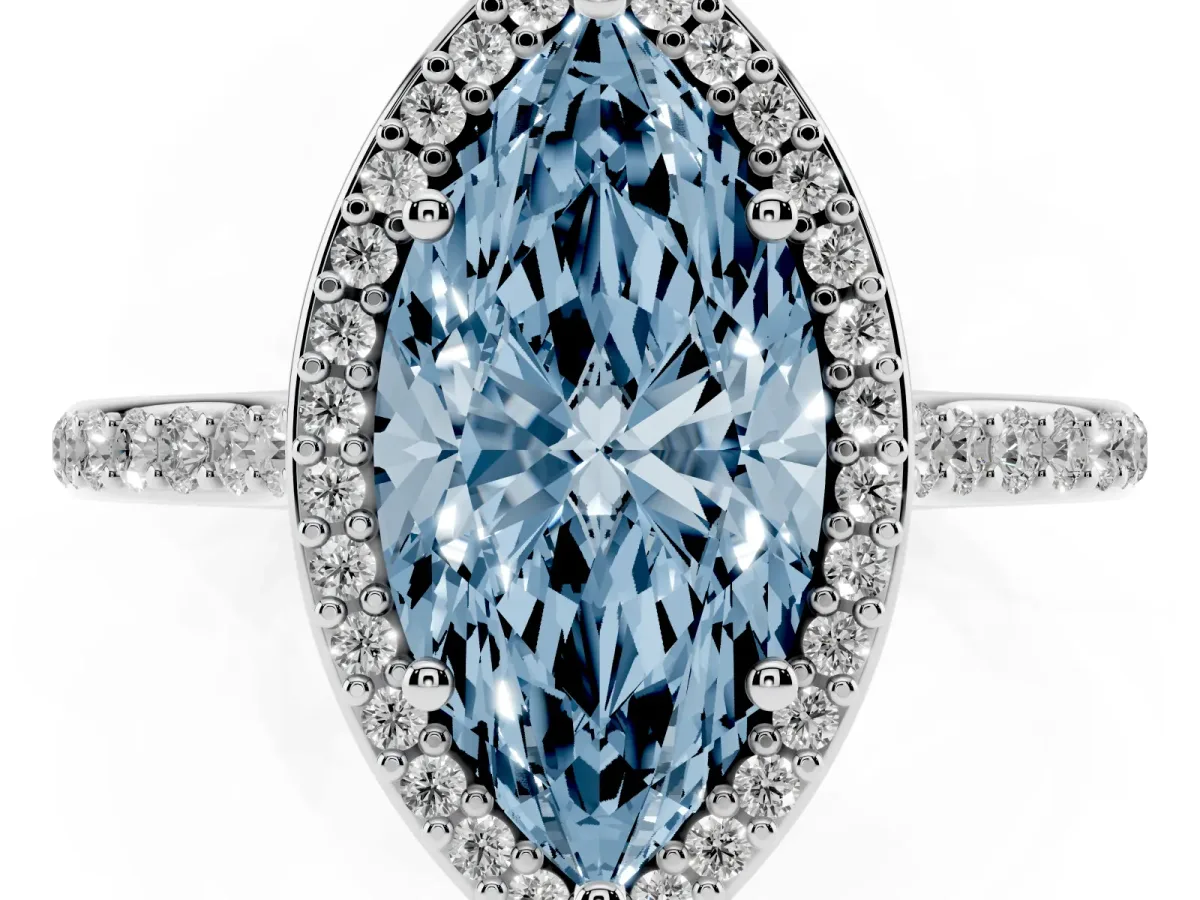 Fancy Blue Marquise Cut Diamond Halo Engagement Ring with Round Pavé Shoulders and Prong Setting Silver