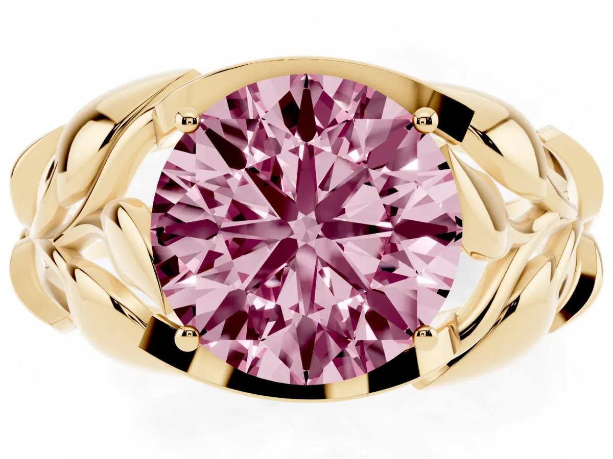 Fancy Pink Round Cut Diamond Leaf-Inspired Engagement Ring with Round Accents and Prong Setting Yellow gold
