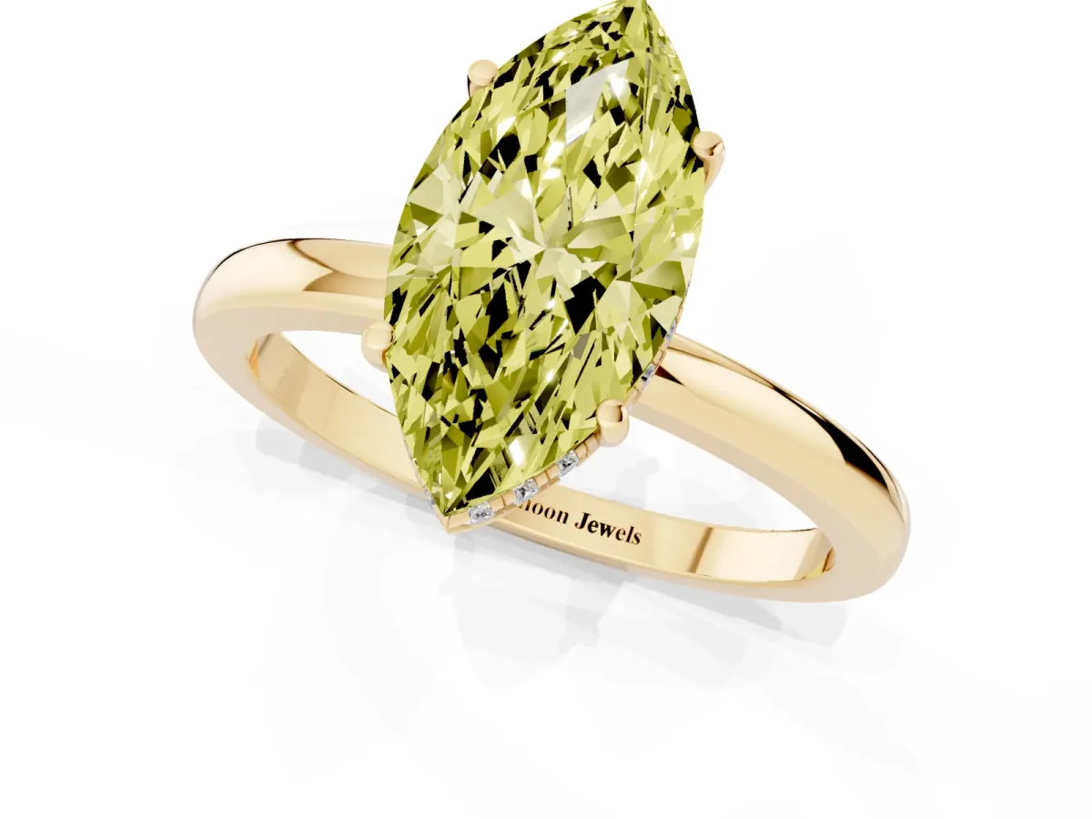 Fancy Yellow Marquise Cut Solitaire Diamond Ring with Prong Setting and Plain Band Yellow gold