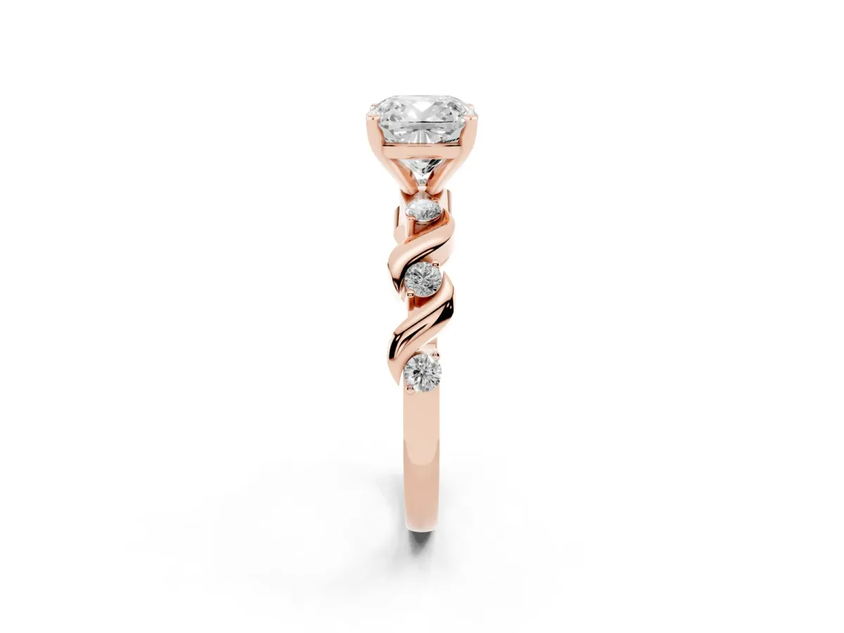 Cushion Cut Diamond Solitaire Twisted Band with Round Accents and Prong Setting Rose gold