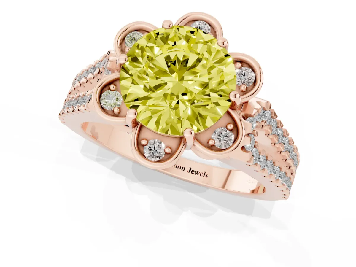 Fancy Yellow Round Cut Halo Diamond Floral Split Shank Engagement Ring Rose gold