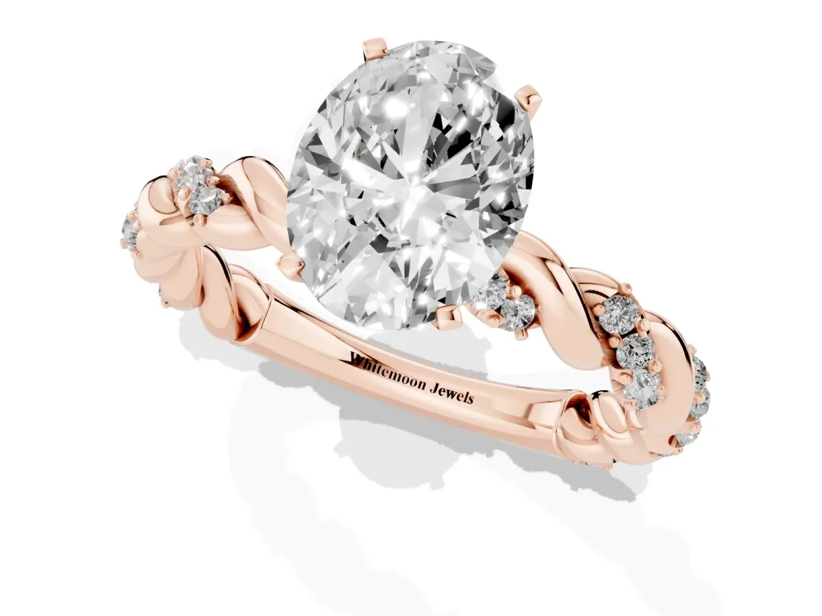 Oval Cut Diamond Solitaire Ring with Twisted Band and Pavé Accents Rose gold