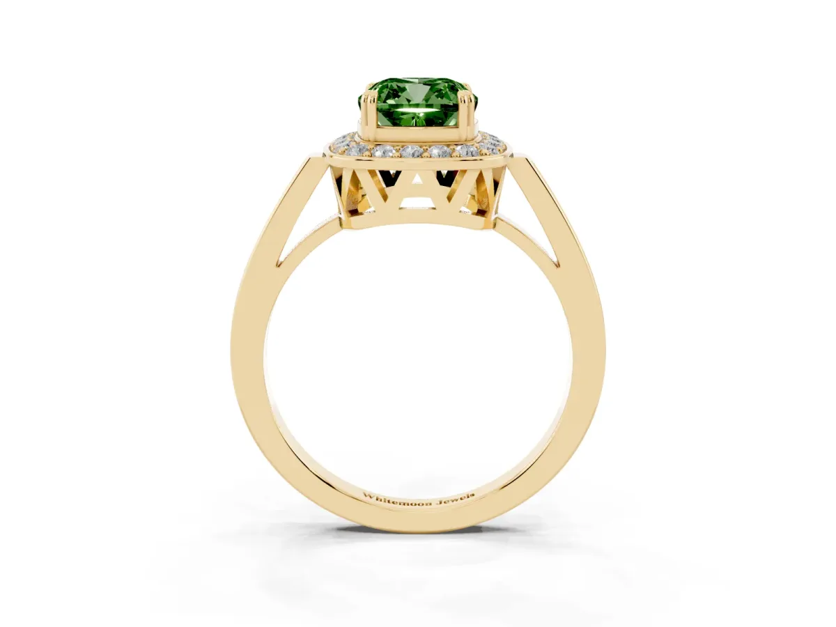 Fancy Green Cushion Cut Diamond Halo Ring with Split Shank and Four-Prong Setting Yellow gold