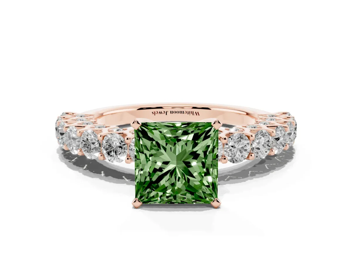 Fancy Green Princess Cut Diamond Solitaire Ring with Shared Prong Pavé Band and Four-Prong Setting Rose gold