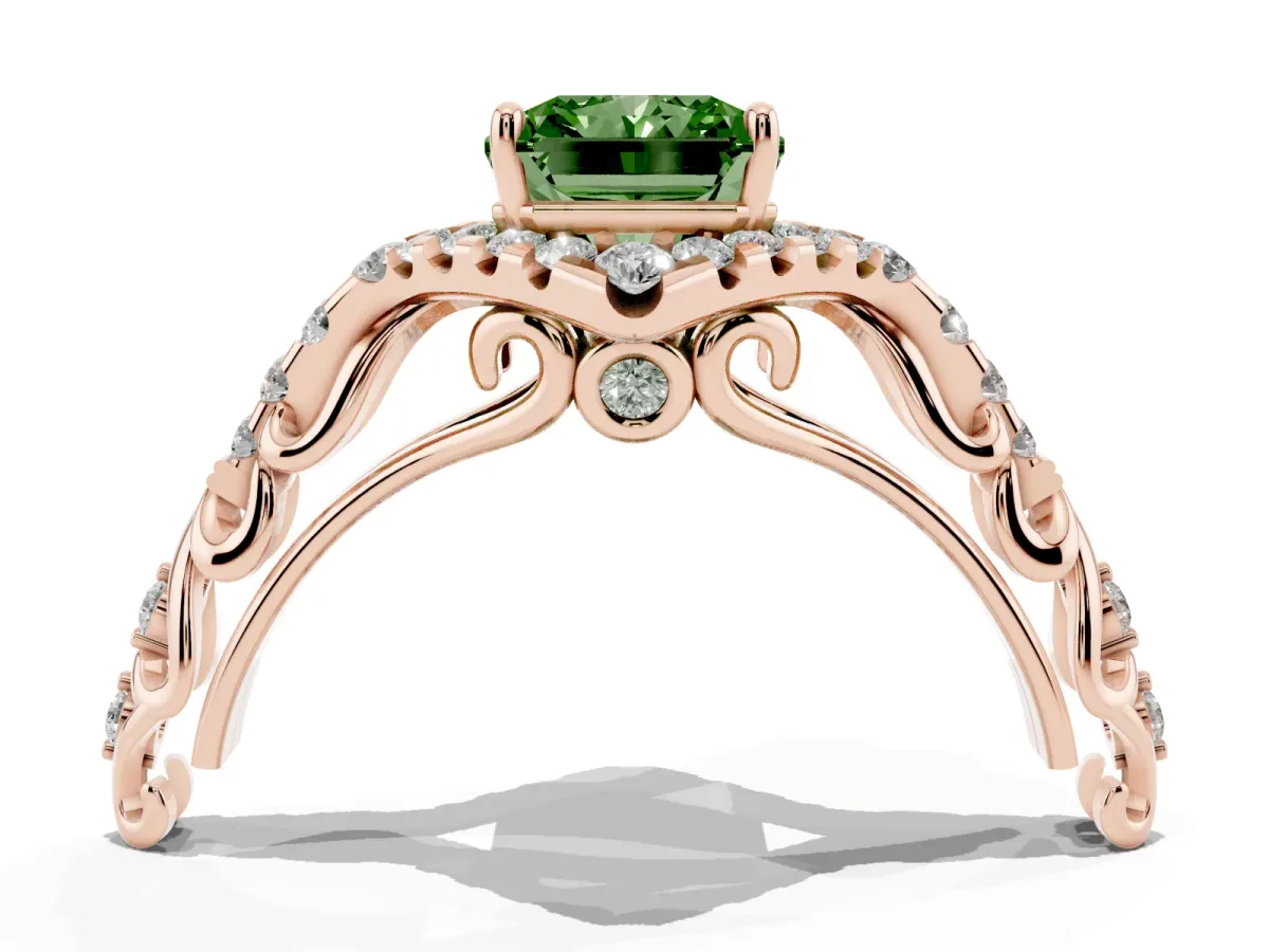 Fancy Green Radiant Cut Diamond Solitaire Ring with Hidden Halo and Pavé Band Rose gold